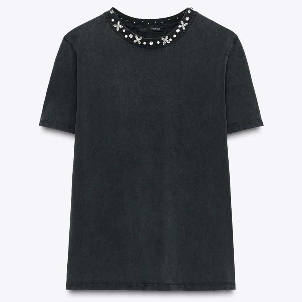 Zara Black Embellished Neckline Tee Rhinestone Short Sleeve Top S NWT